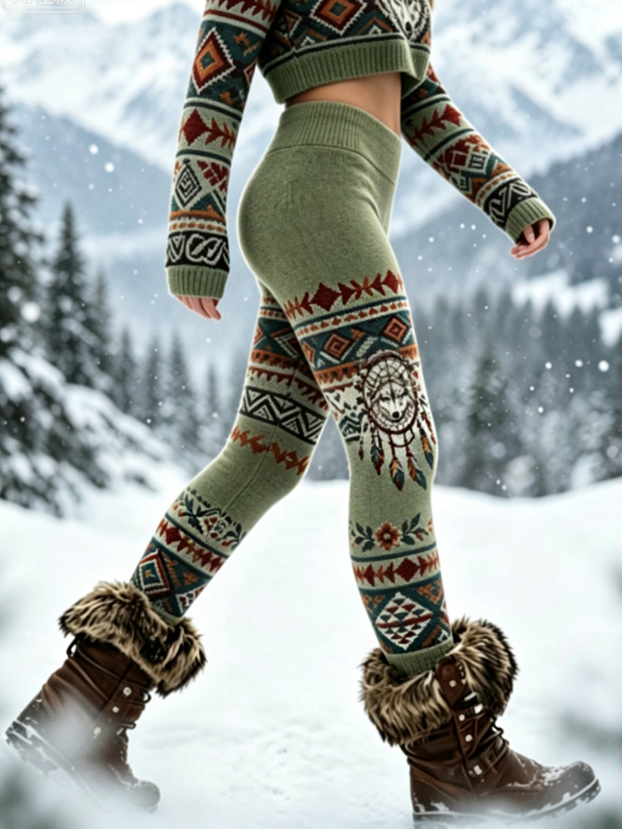 Kvinnors Vintage Viking Wolf Head Aztec tjock sammet Leggings