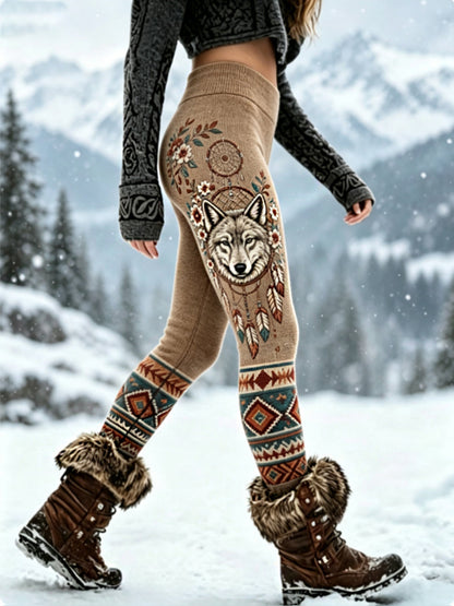 Damvintage vikingvarghuvud aztekiska tjocka sammetsleggings