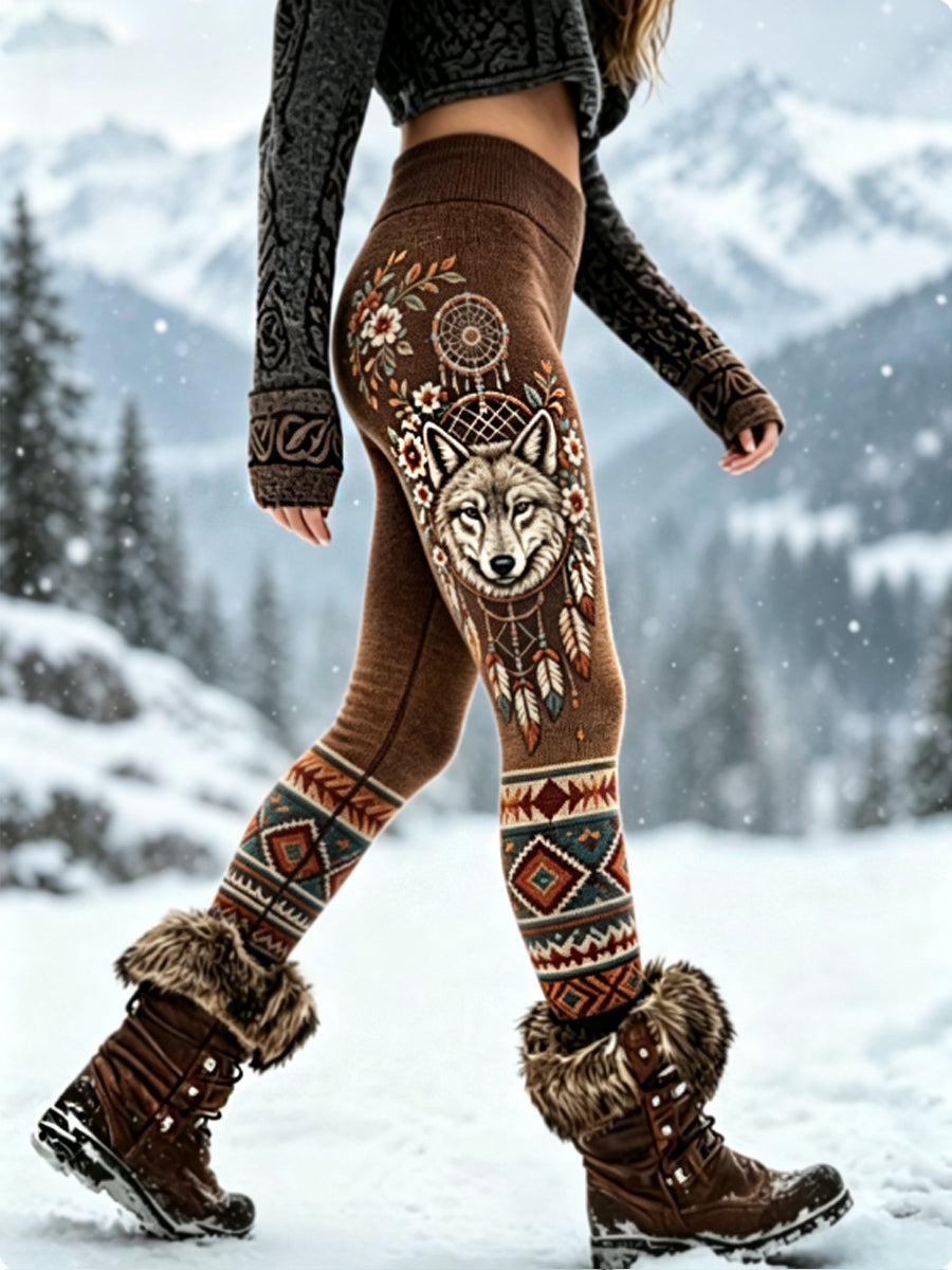 Damvintage vikingvarghuvud aztekiska tjocka sammetsleggings