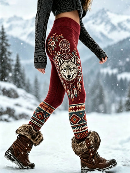 Damvintage vikingvarghuvud aztekiska tjocka sammetsleggings
