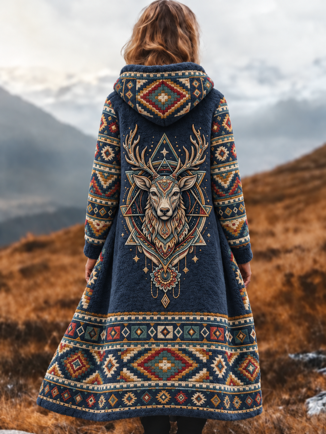 Damjacka i tjock flanell med vintage nordisk aztekisk hjorthuvuddesign