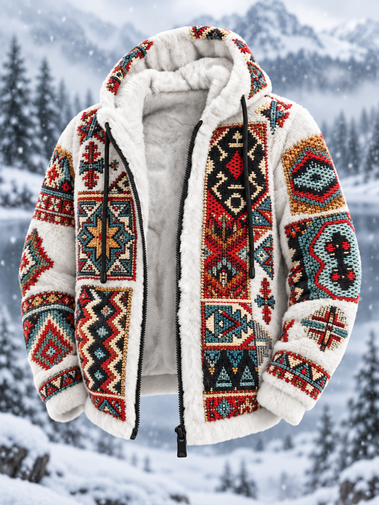 Mans Vintage Aztekisk Geometrisk Konst Förtjockad Flanelljacka