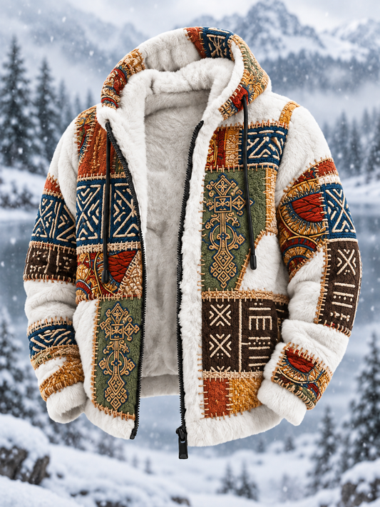 Mans Vintage Aztekisk Geometrisk Konst Förtjockad Flanelljacka