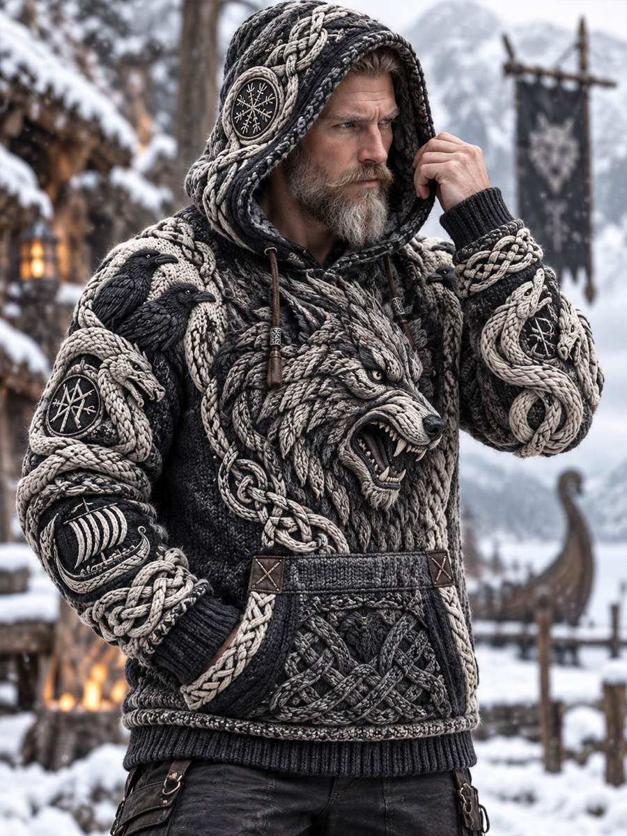 Vikingtröja med huva och fickor för män