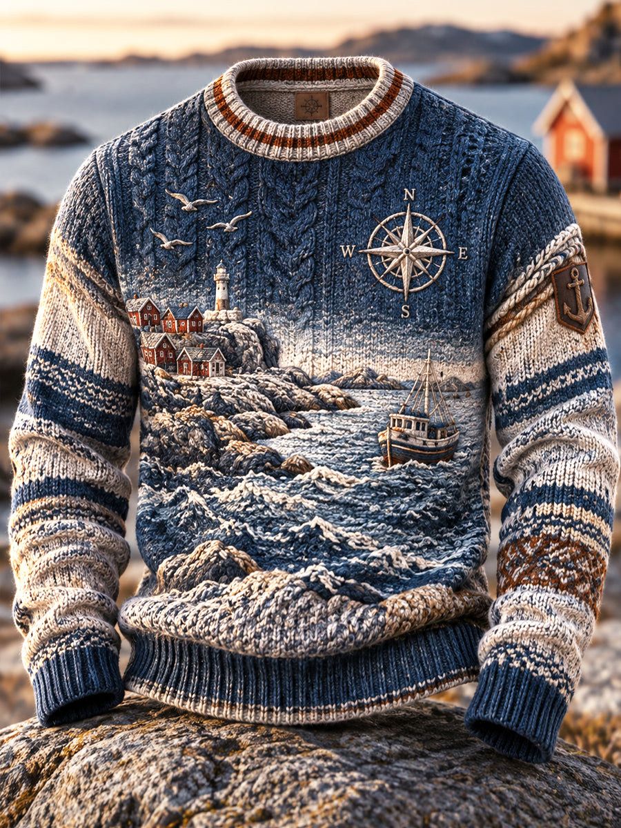 Retro nordisk kustinspirerad tröja med gradientmönster och rund halsringning