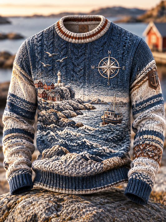 Retro nordisk kustinspirerad tröja med gradientmönster och rund halsringning