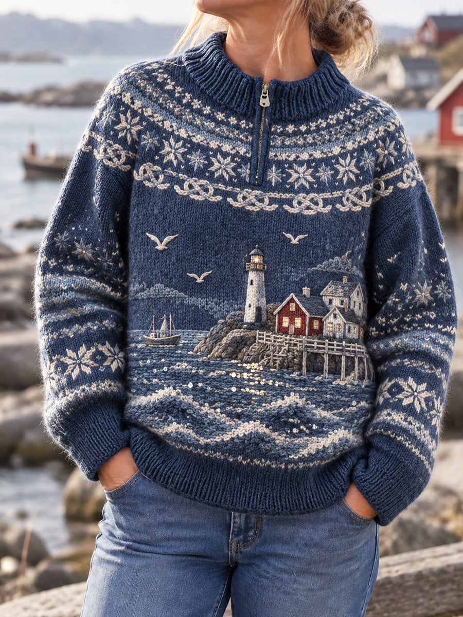 Dams klassiska skandinaviskt retroinspirerade pullover med dragkedja, inspirerad av kusten