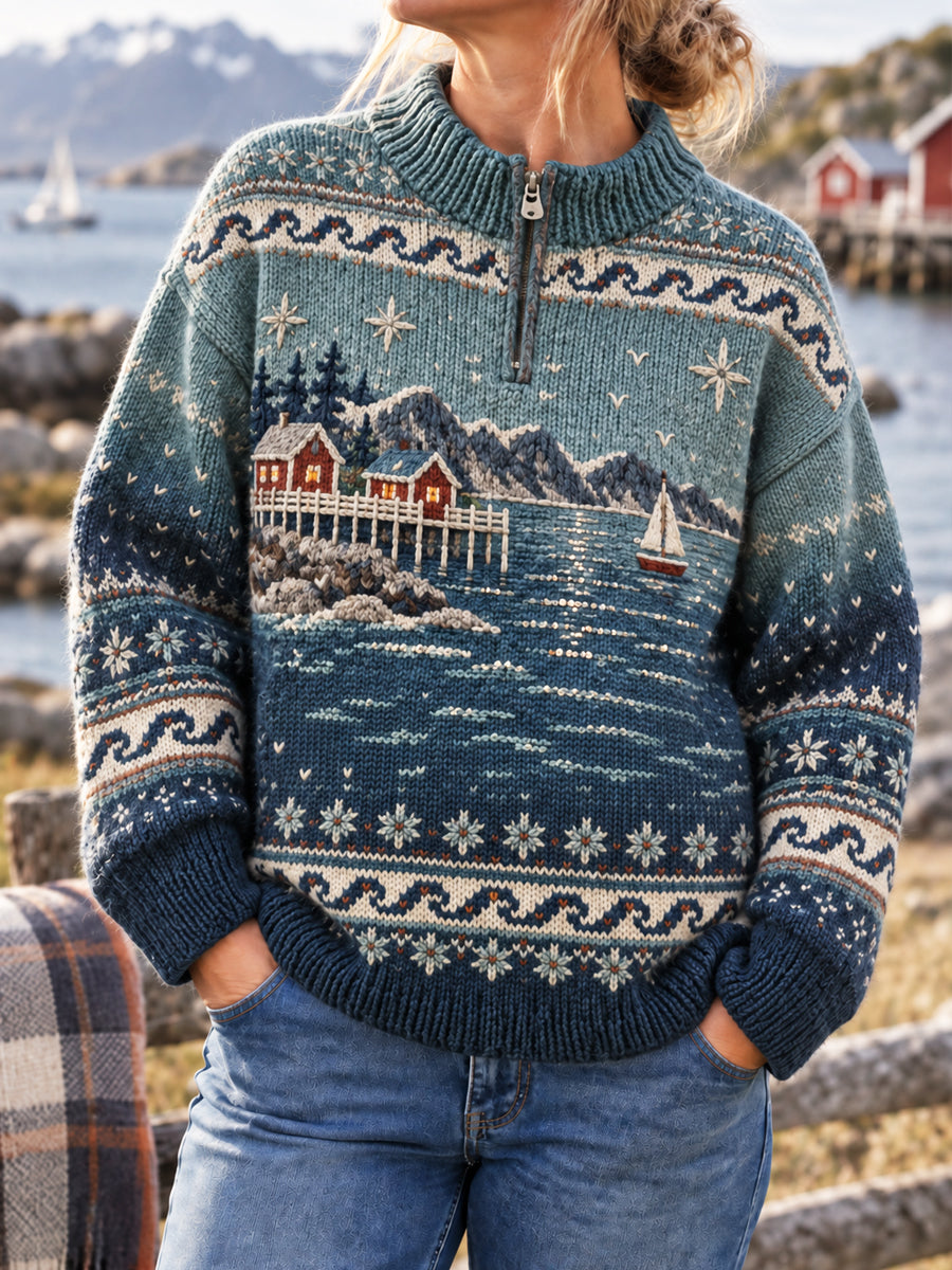 Damsveter från Färöarna i nordisk vintagestil med kustkulturmotiv