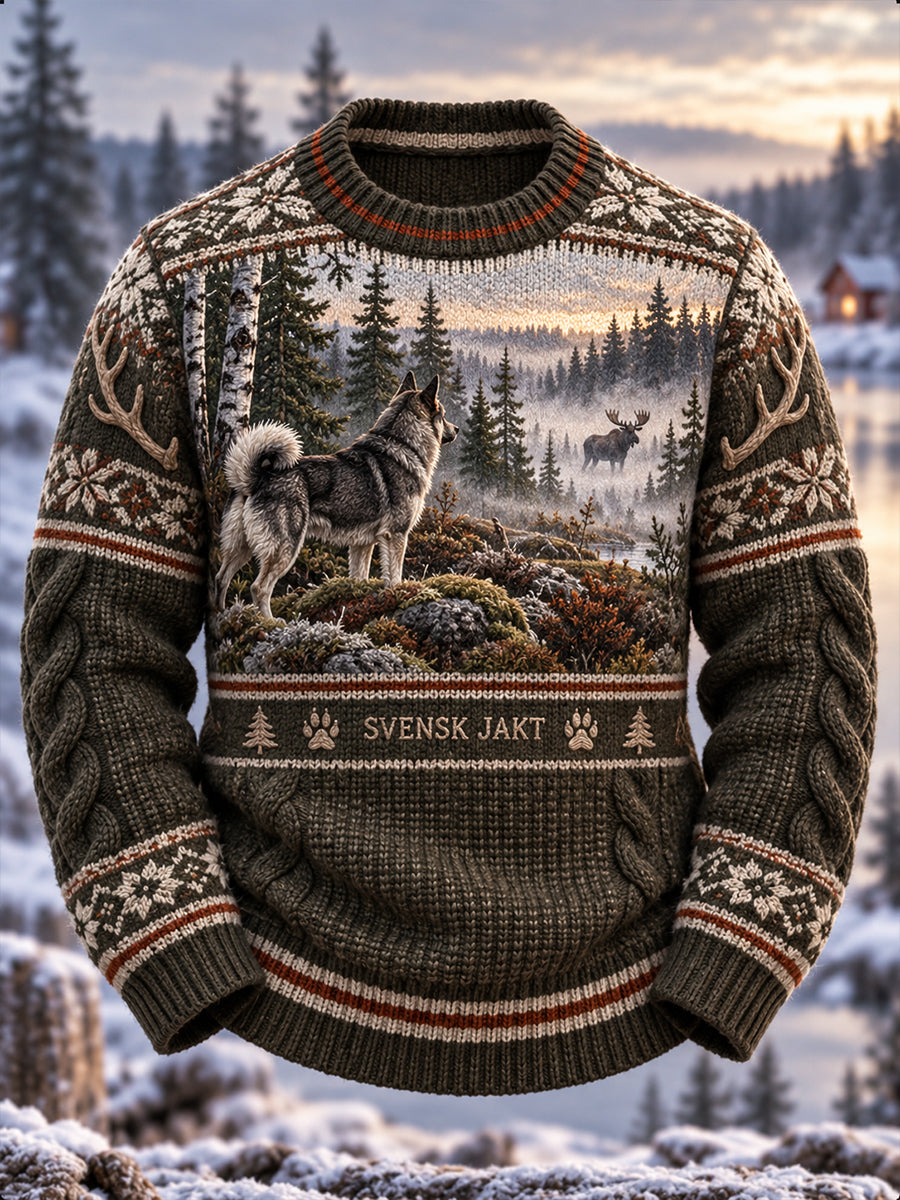 Herrtröja med älgmotiv i imitation för jakt, svensk stil