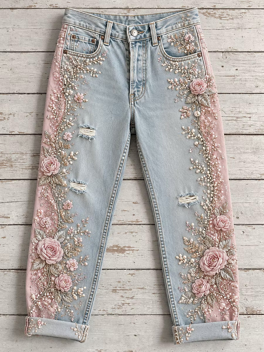 Kvinnliga avslappnade och bekväma jeans med vintageblommigt konsttryck