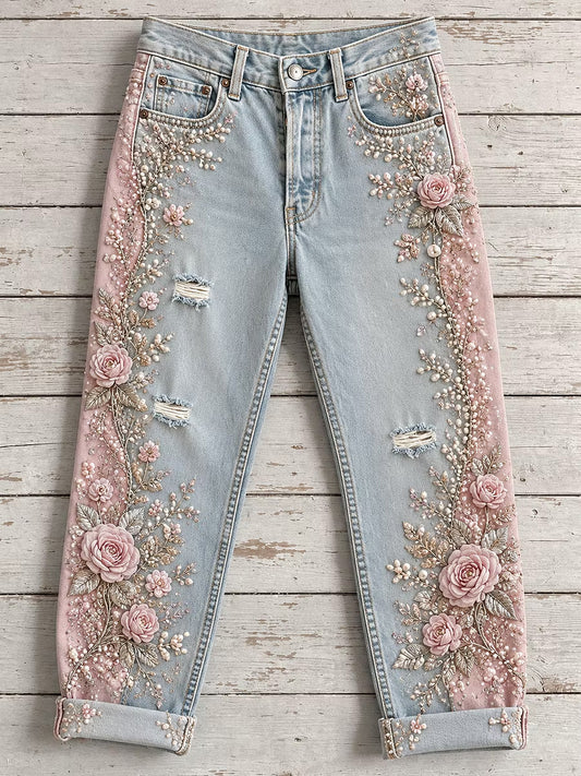 Kvinnliga avslappnade och bekväma jeans med vintageblommigt konsttryck