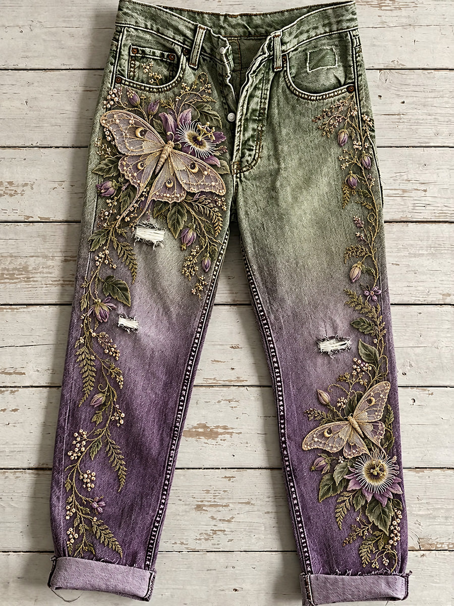 Kvinnliga avslappnade och bekväma jeans med vintageblommigt konsttryck
