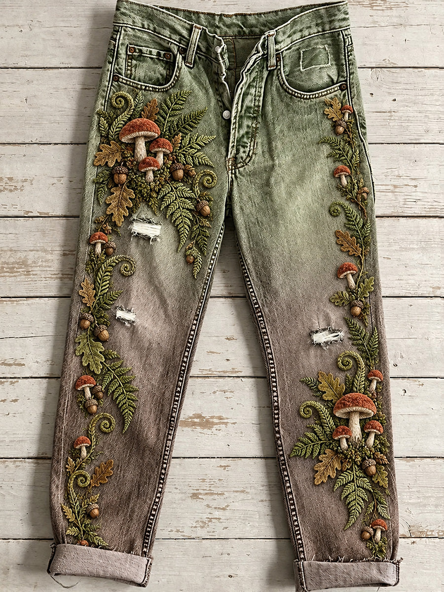 Kvinnliga avslappnade och bekväma jeans med vintageblommigt konsttryck