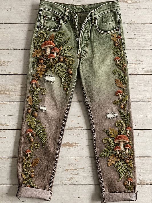 Kvinnliga avslappnade och bekväma jeans med vintageblommigt konsttryck