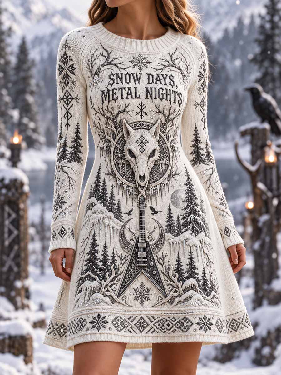 Kvinnlig vinterklänning med grafiskt tryck av heavy metal-musik