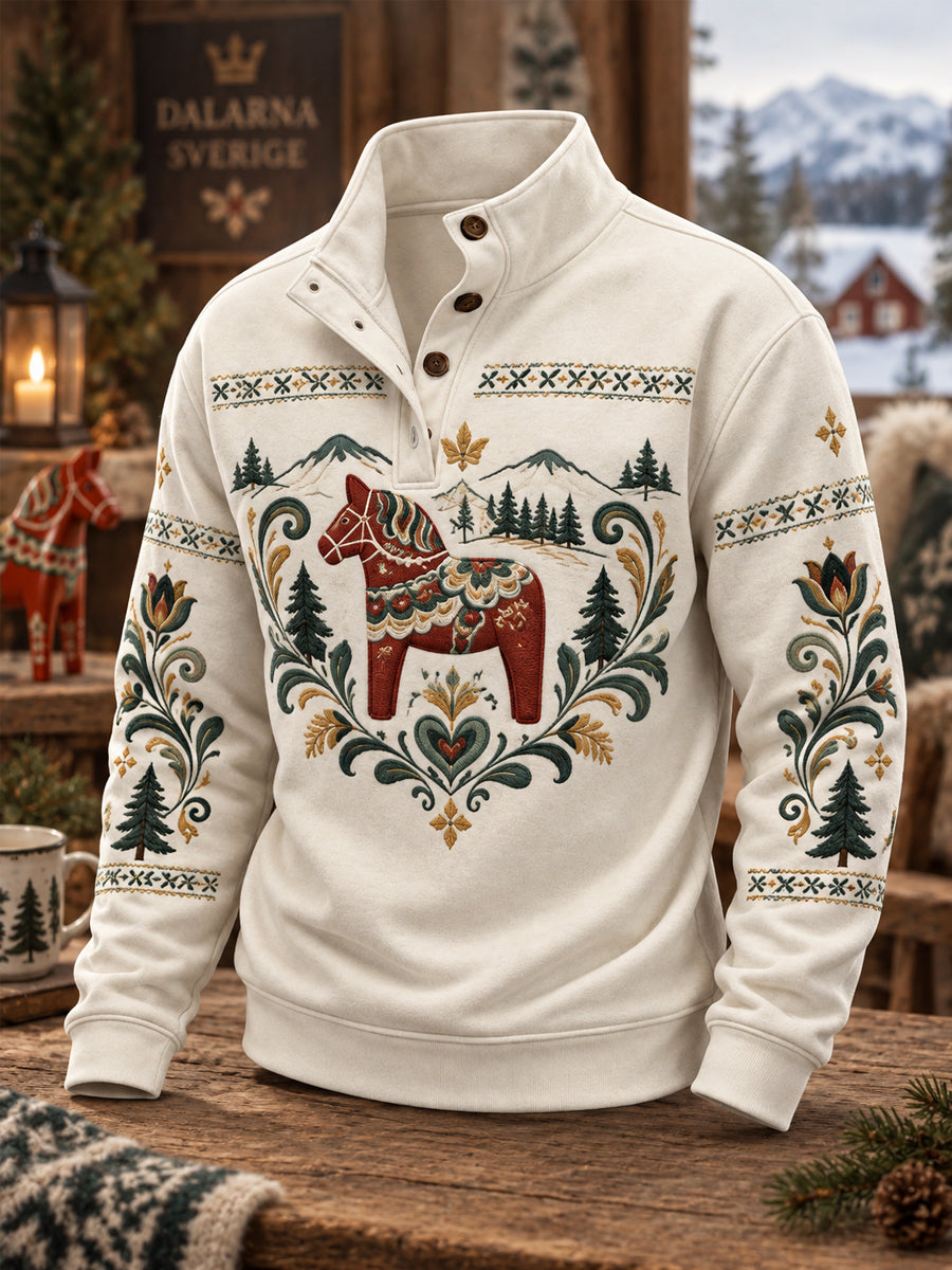 Mäns Dalarnas folkarv Skriv ut Casual knappar Pullover