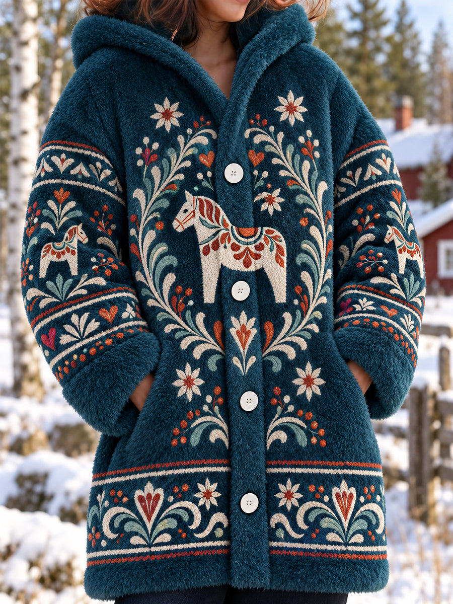 Damjacka i midiklipp med folkdräktsmönster från Dalarna, fleecefodrad, polyester