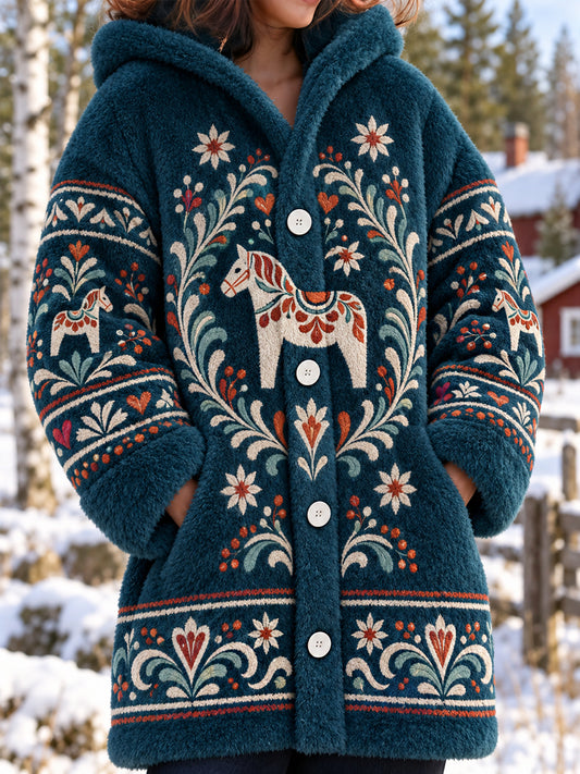 Damjacka i midiklipp med folkdräktsmönster från Dalarna, fleecefodrad, polyester