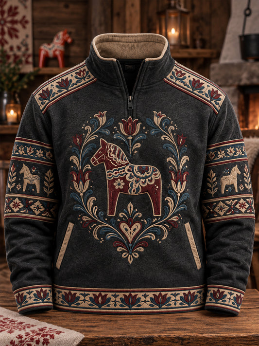 Herrpullover med tryckt folkdräktmotiv från Dalarna, avslappnad modell med dragkedja