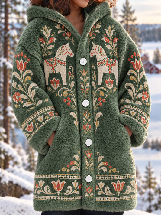 Damjacka i midiklipp med folkdräktsmönster från Dalarna, fleecefodrad, polyester