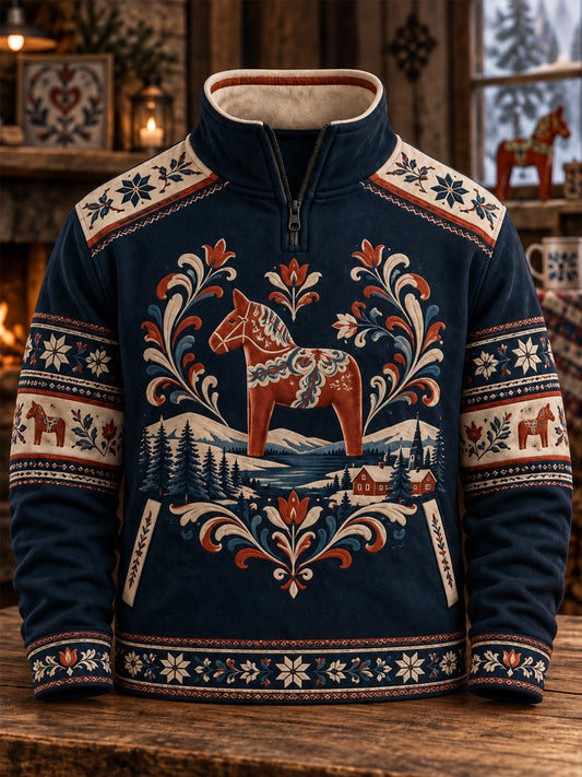 Herrpullover med tryckt folkdräktmotiv från Dalarna, avslappnad modell med dragkedja