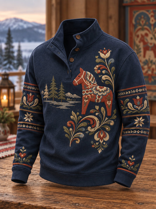 Herrpullover med Dalafolkets traditionella mönster, avslappnad stil och knäppning