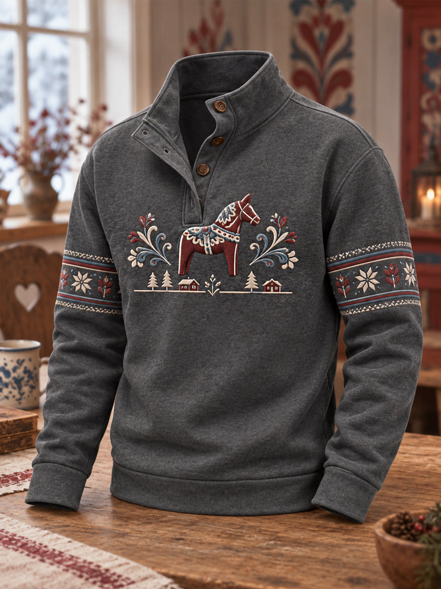 Herrpullover med Dalafolkets traditionella mönster, avslappnad stil och knäppning