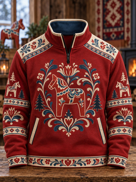 Herrpullover med tryckt folkdräktmotiv från Dalarna, avslappnad modell med dragkedja
