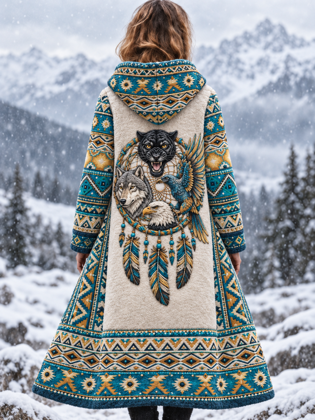 Damjacka i flanell med vintagevikingamotiv och aztekstil