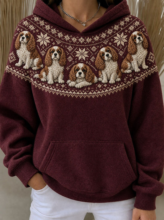 Kvinnors Vintage Cavalier hundar Yoke Isle Mönster Skriv ut översize Hoodies