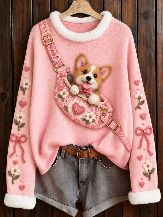 Kvinnors bröstcancer medvetenhet Pink Corgi Print besättning hals tröjar