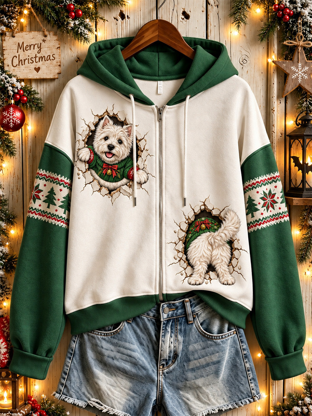 Kvinnors julhund mönster Casual Zip-Up Hoodie.