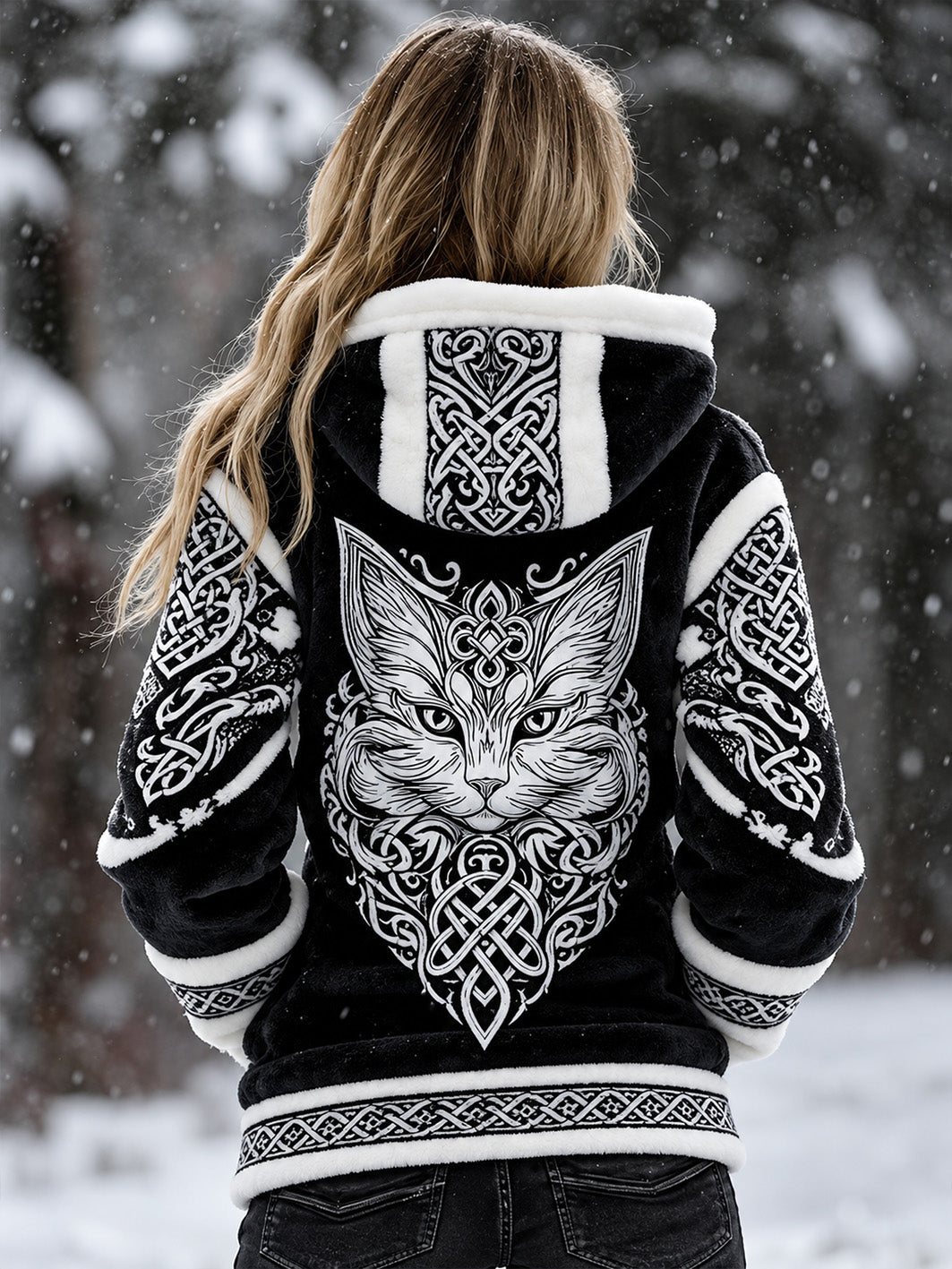 Kvinnor retro Viking stil katt mönster design avslappnad fleece jacka