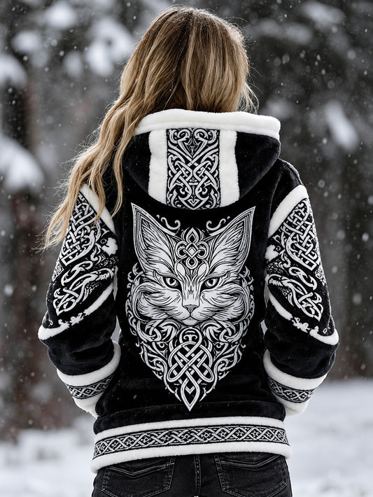 Kvinnor retro Viking stil katt mönster design avslappnad fleece jacka