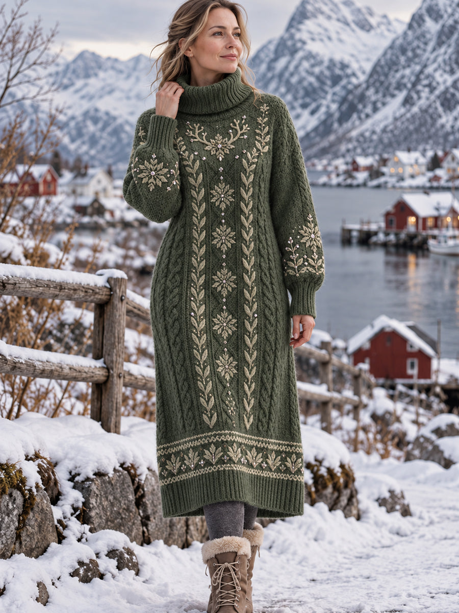 Damer, nordisk klänning med älgmönster och hög hals