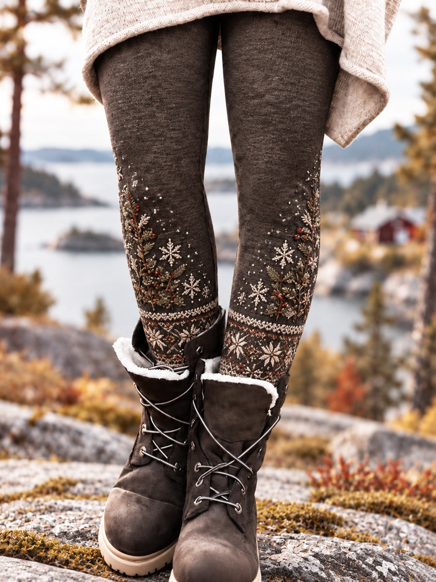 Damsläggbyxor i retro-nordisk stil med diamantmönster och snöflingemotiv