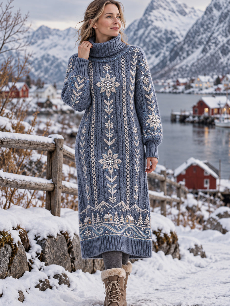 Damskjol med nordisk snöflingemönster och artistisk hög hals