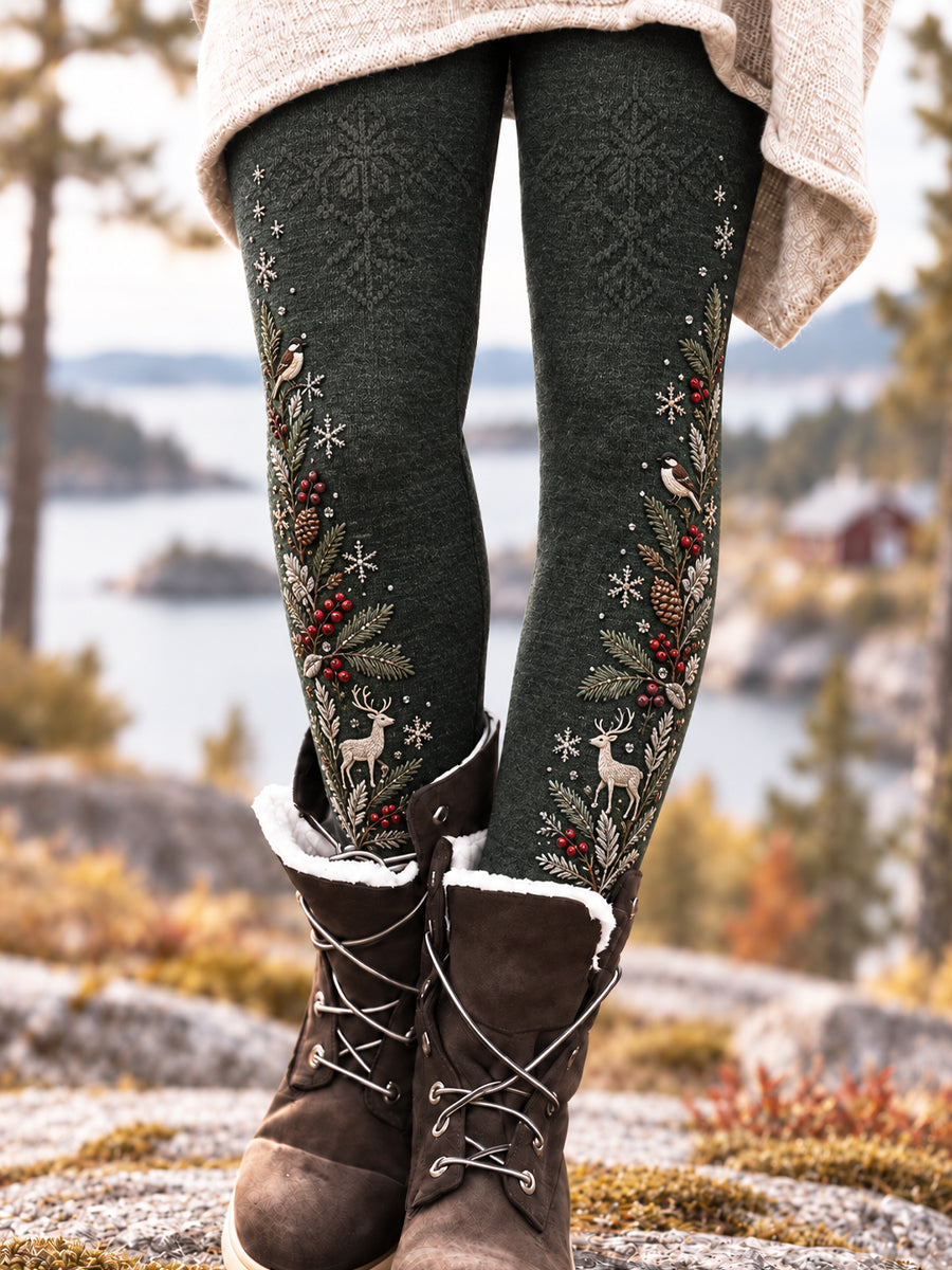 Dams leggings i retrostil med nordisk skogsmotiv