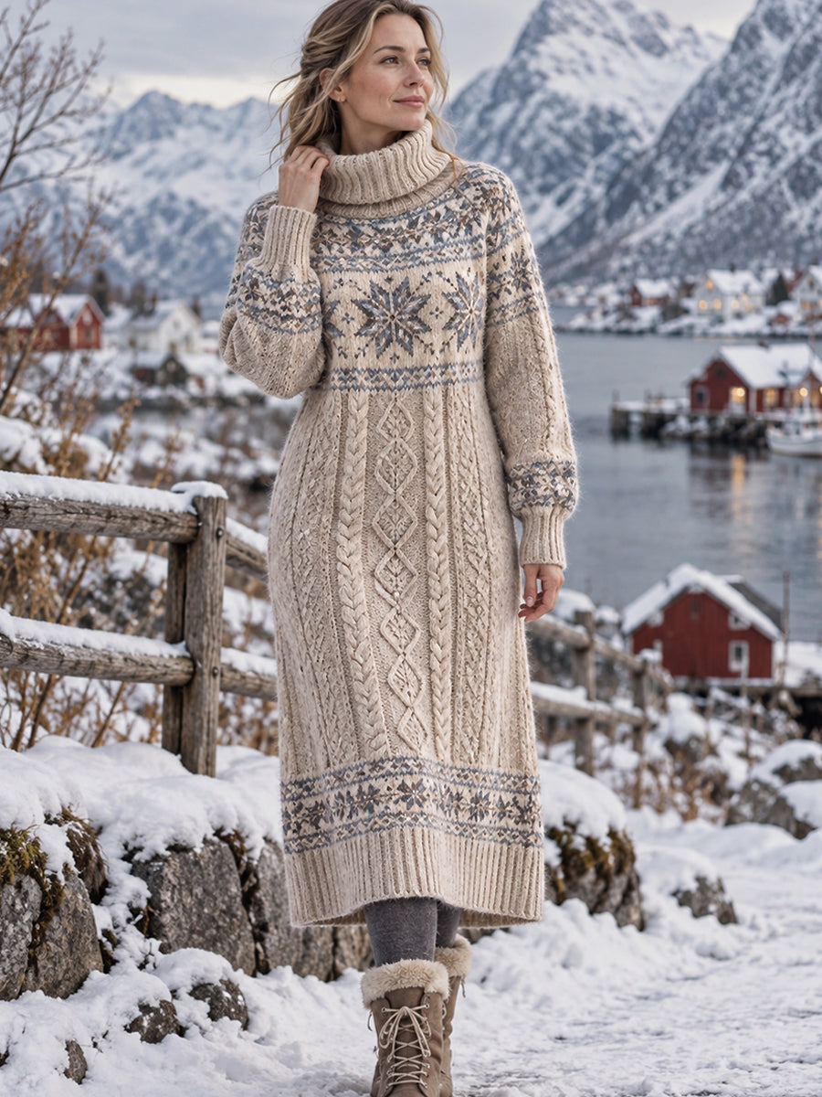 Dams klädd klassisk nordisk Fair Isle-klänning med hög hals