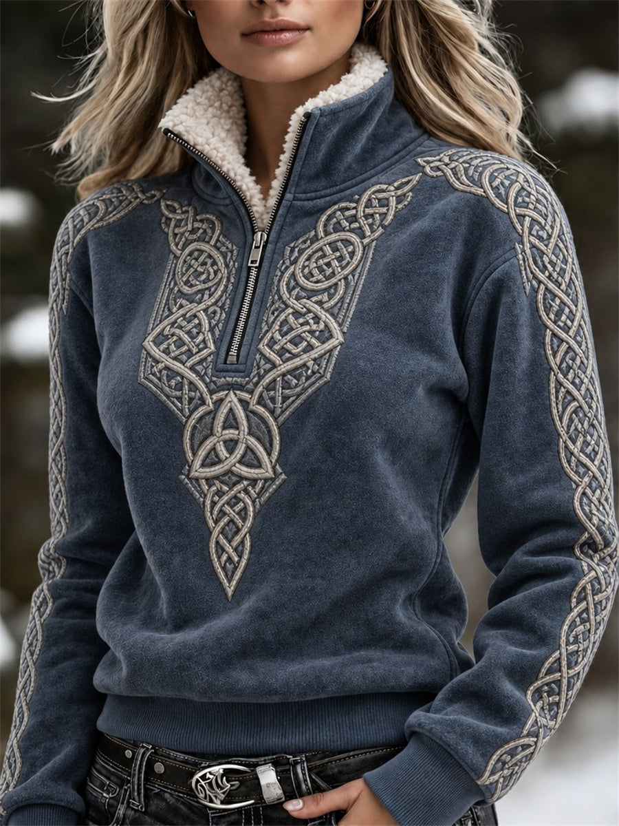Kvinnors Vintage Viking Celtic Knop Skriv ut mysigt pälskrage Zip up Pullover