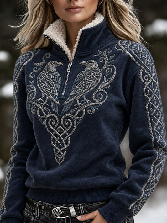Kvinnors Vintage Viking Ravens Celtic Knop Skriv ut mysiga pälskrage Zip upp Pullover