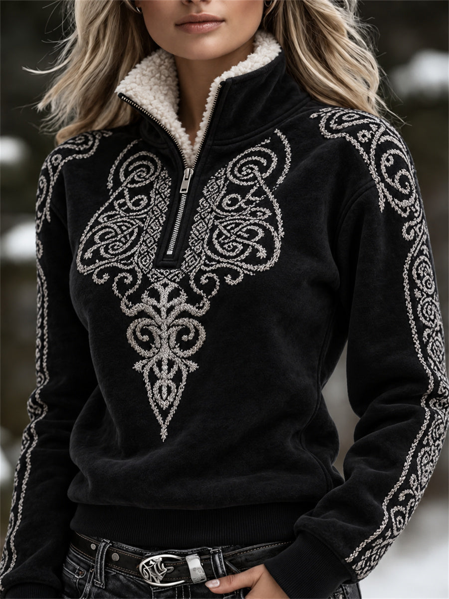 Damens vintage vikingkeltiskt knutmönstrat mysigt pullover med pälskrage och dragkedja