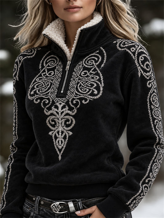 Damens vintage vikingkeltiskt knutmönstrat mysigt pullover med pälskrage och dragkedja