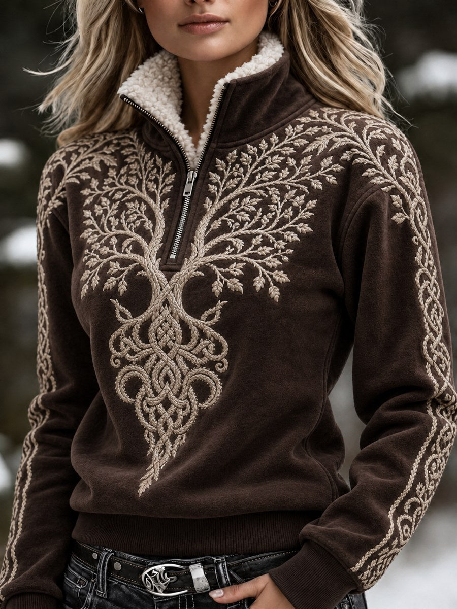 Kvinnors Vintage Viking träd liv keltisk knop Skriv ut mysigt fur krage Zip Up Pullover