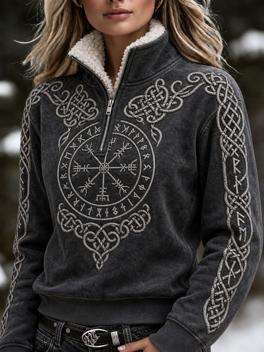 Kvinnors Vintage Viking Vegvisir Celtic Knop Skriv ut mysigt fur krage Zip upp Pullover