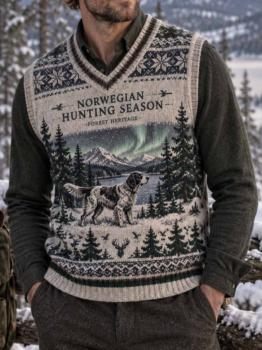 Herrvästtröja i vintagestil med hundrutor i skogsmotiv