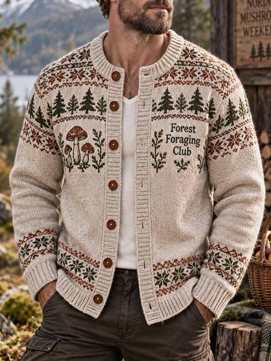 Mäns Vintage Forest Treasure Hunt Svamp säsong tryckt cardigan