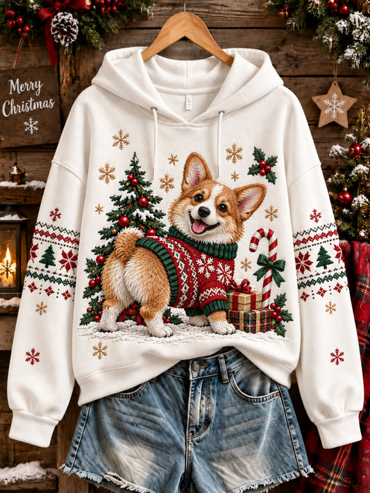 Kvinnors jul Corgi Mönster Casual Hoodie.