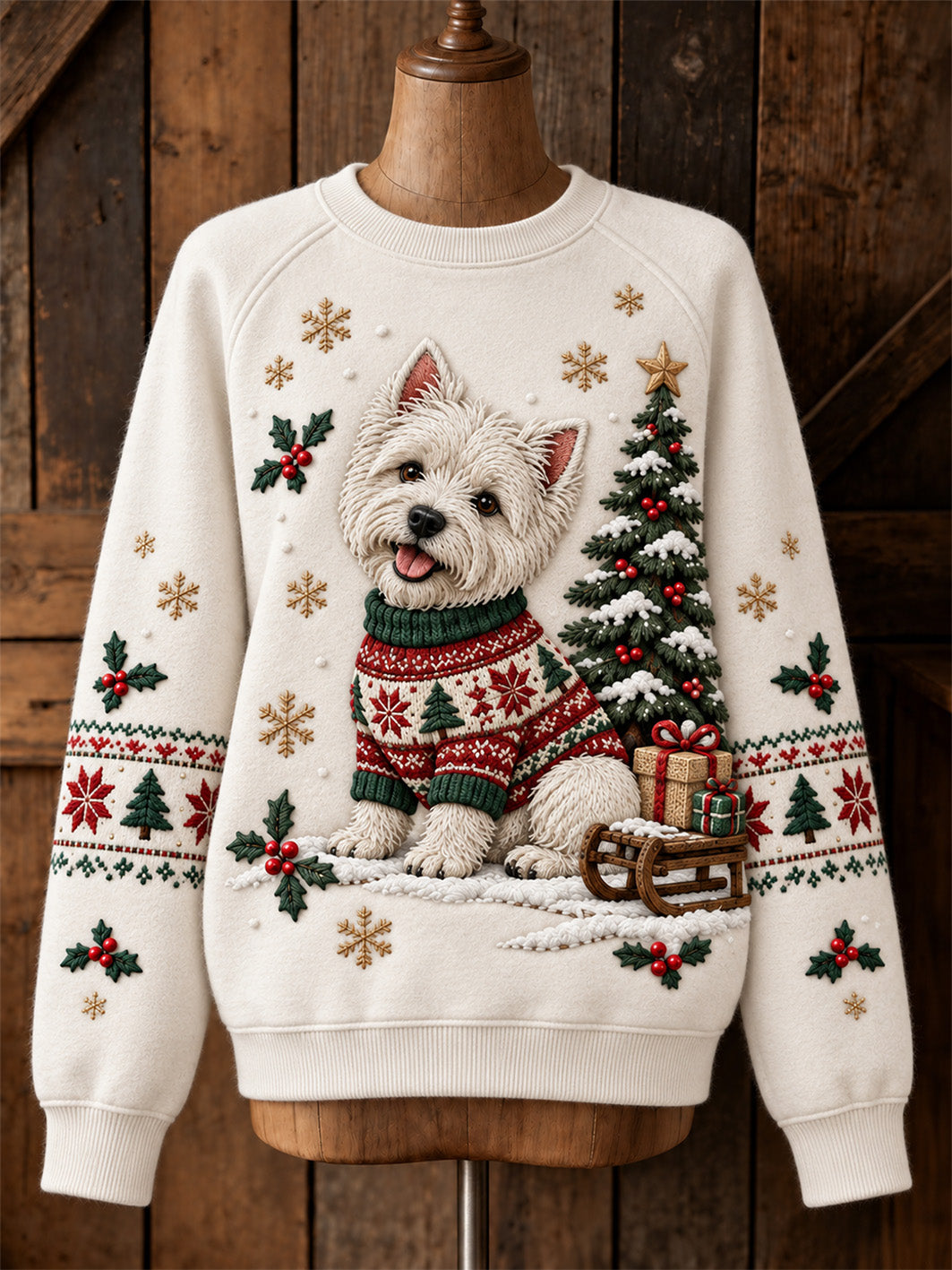 Kvinnors jul West Highland Mönster Casual Raglan Slem Sweatshirt