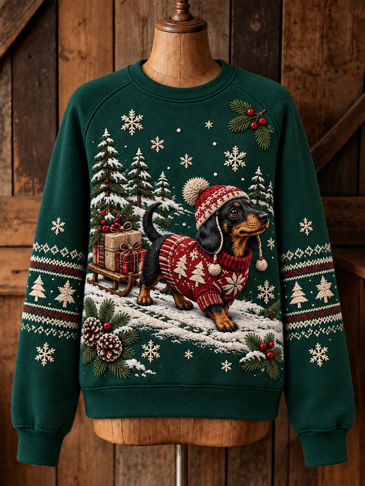 Kvinnors jul Dachhund Mönster Casual Raglan Slem Sweatshirt